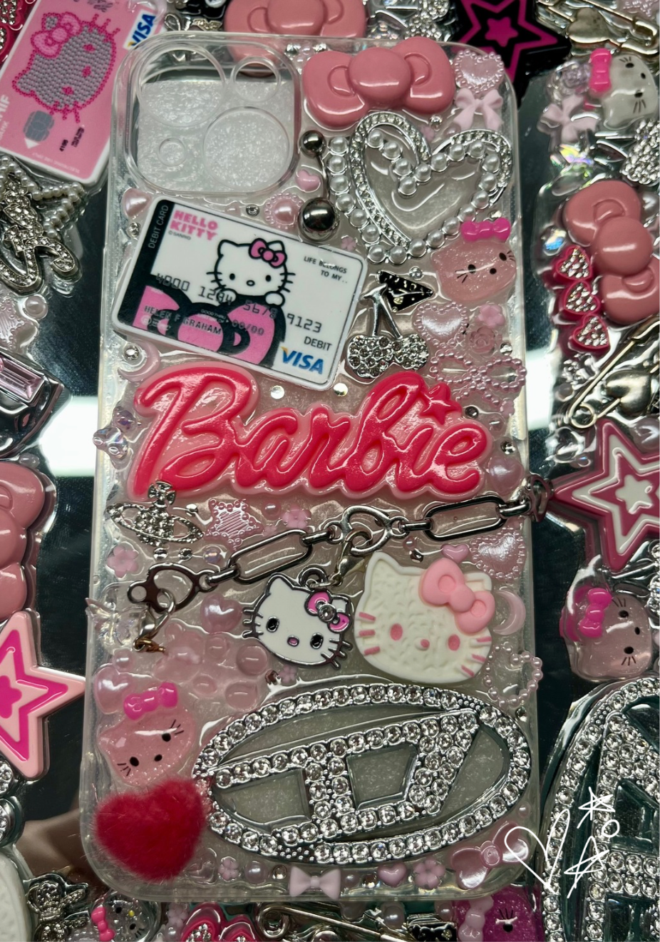Handmade junk style phone case with Barbie logo & hello kitty