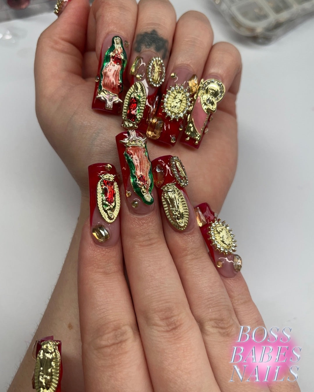 Handmade Press On Nails in the UK with religion inspired charms