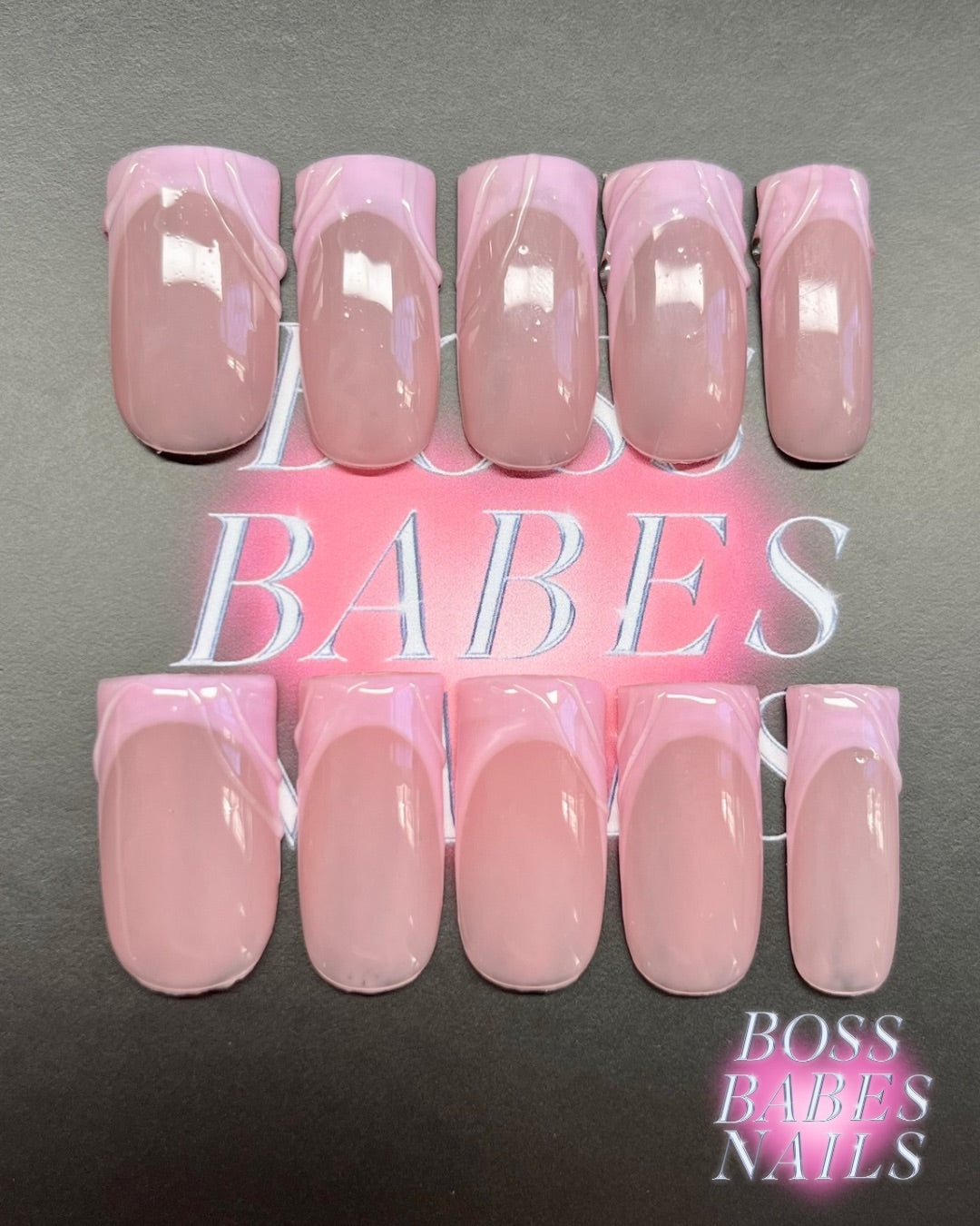 Pink French Tip Press On Nails with clear 3D swirls hand made in the UK
