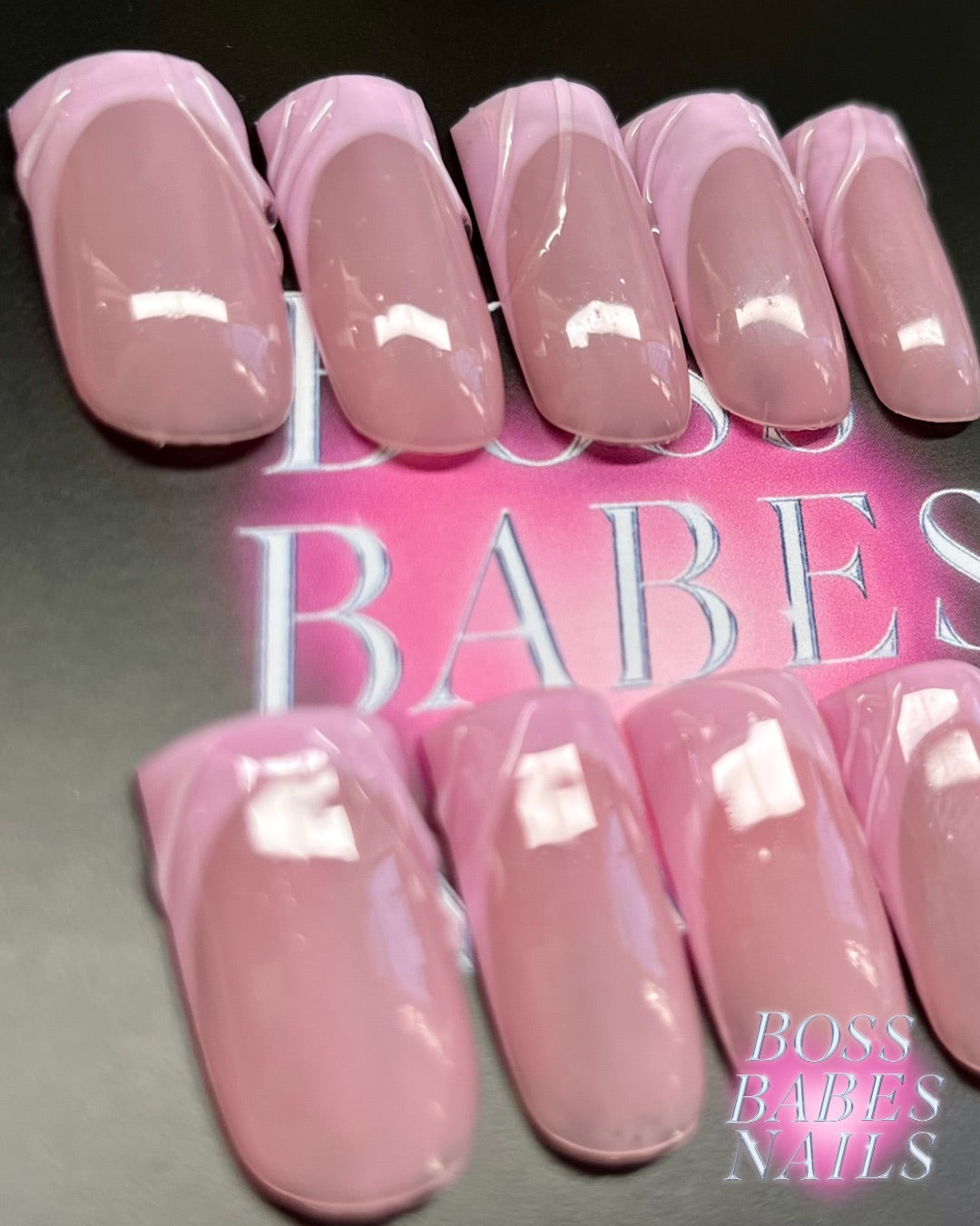 Pink French Tip Press On Nails with clear 3D swirls hand made in the UK