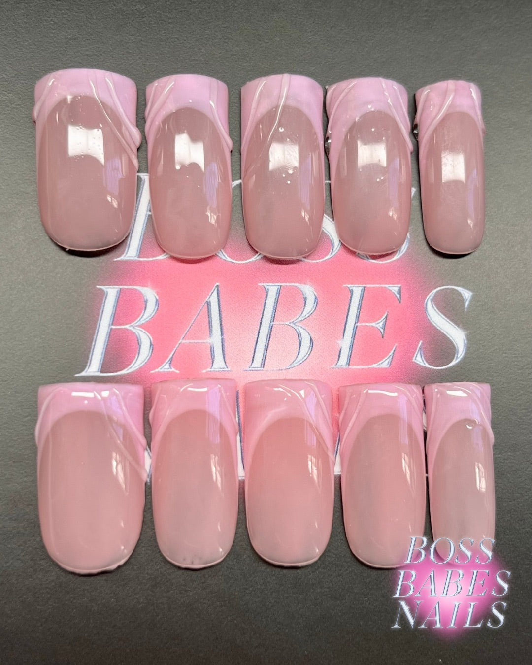 Pink French Tip Press On Nails with clear 3D swirls hand made in the UK
