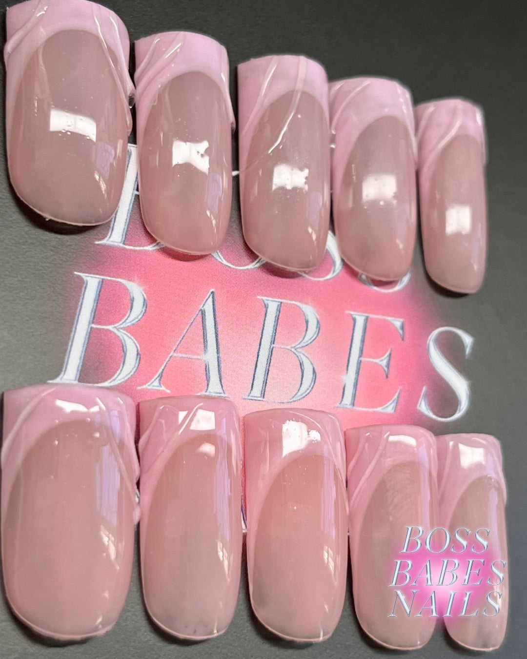 Pink French Tip Press On Nails with clear 3D swirls hand made in the UK