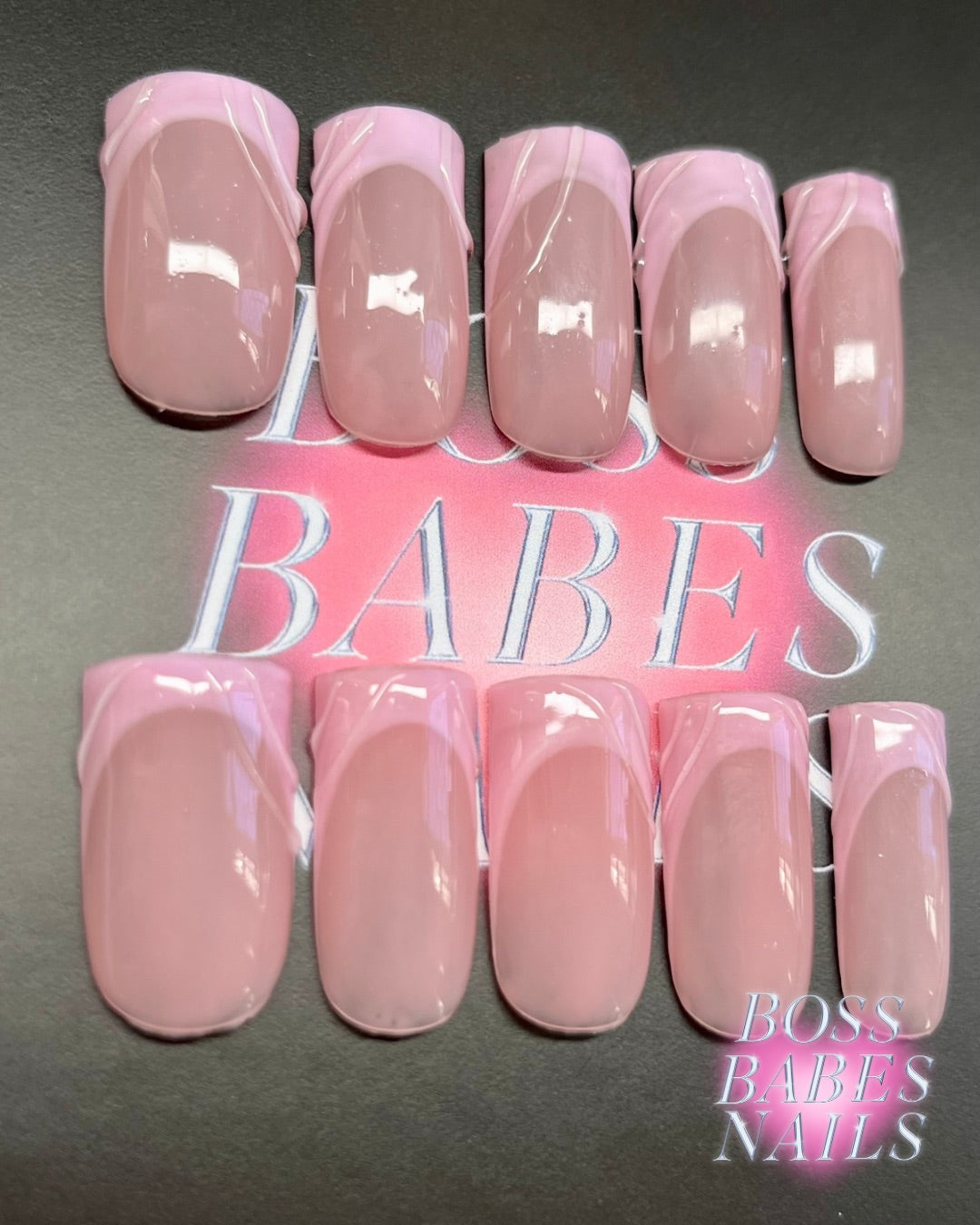 Pink French Tip Press On Nails with clear 3D swirls hand made in the UK