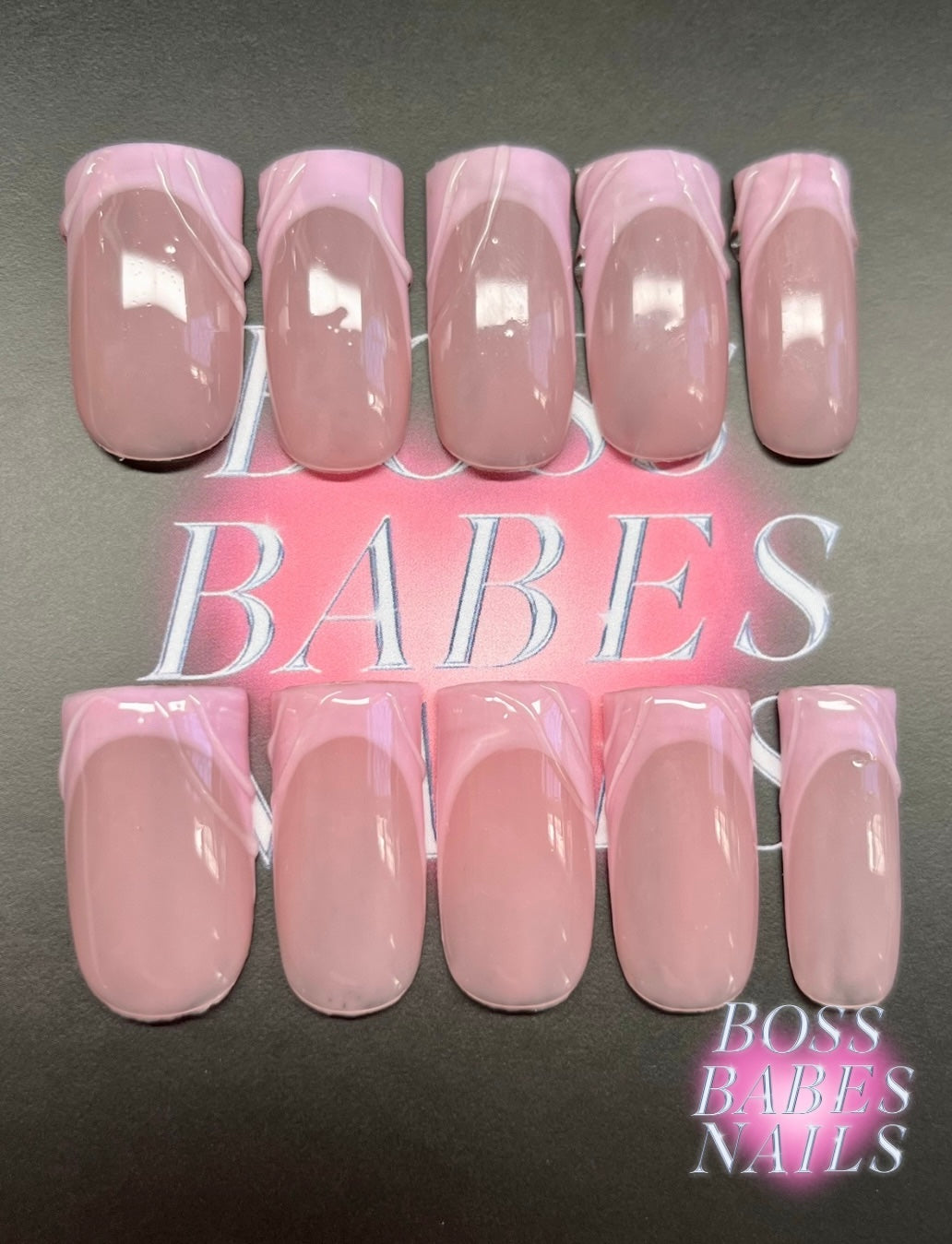 Pink French Tip Press On Nails with clear 3D swirls hand made in the UK