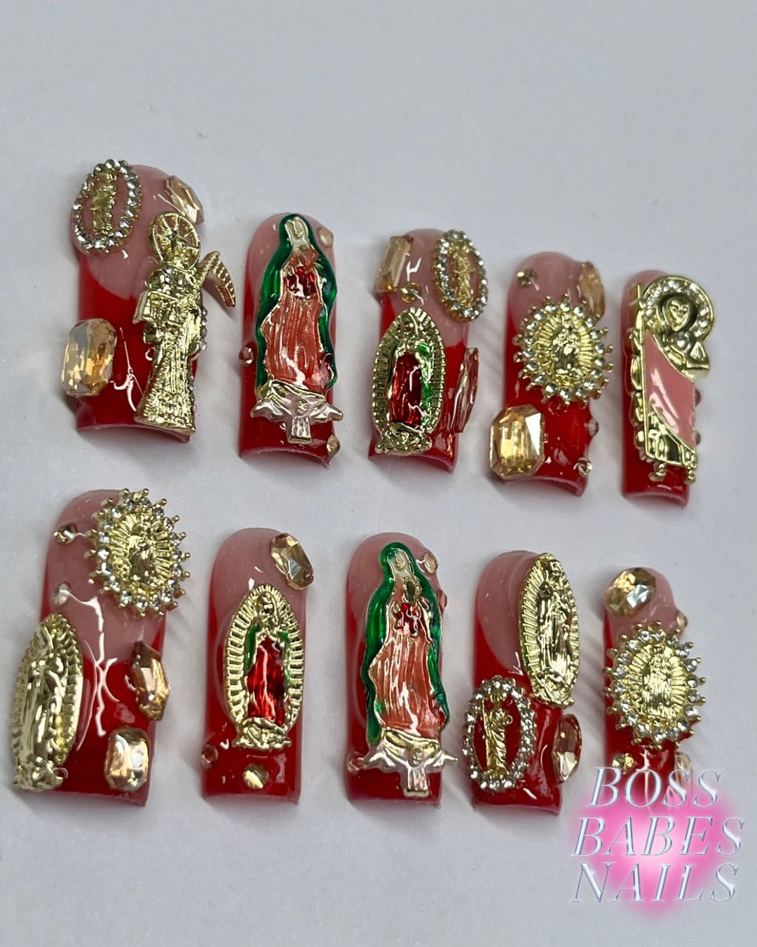 Handmade Press On Nails in the UK with religion inspired charms