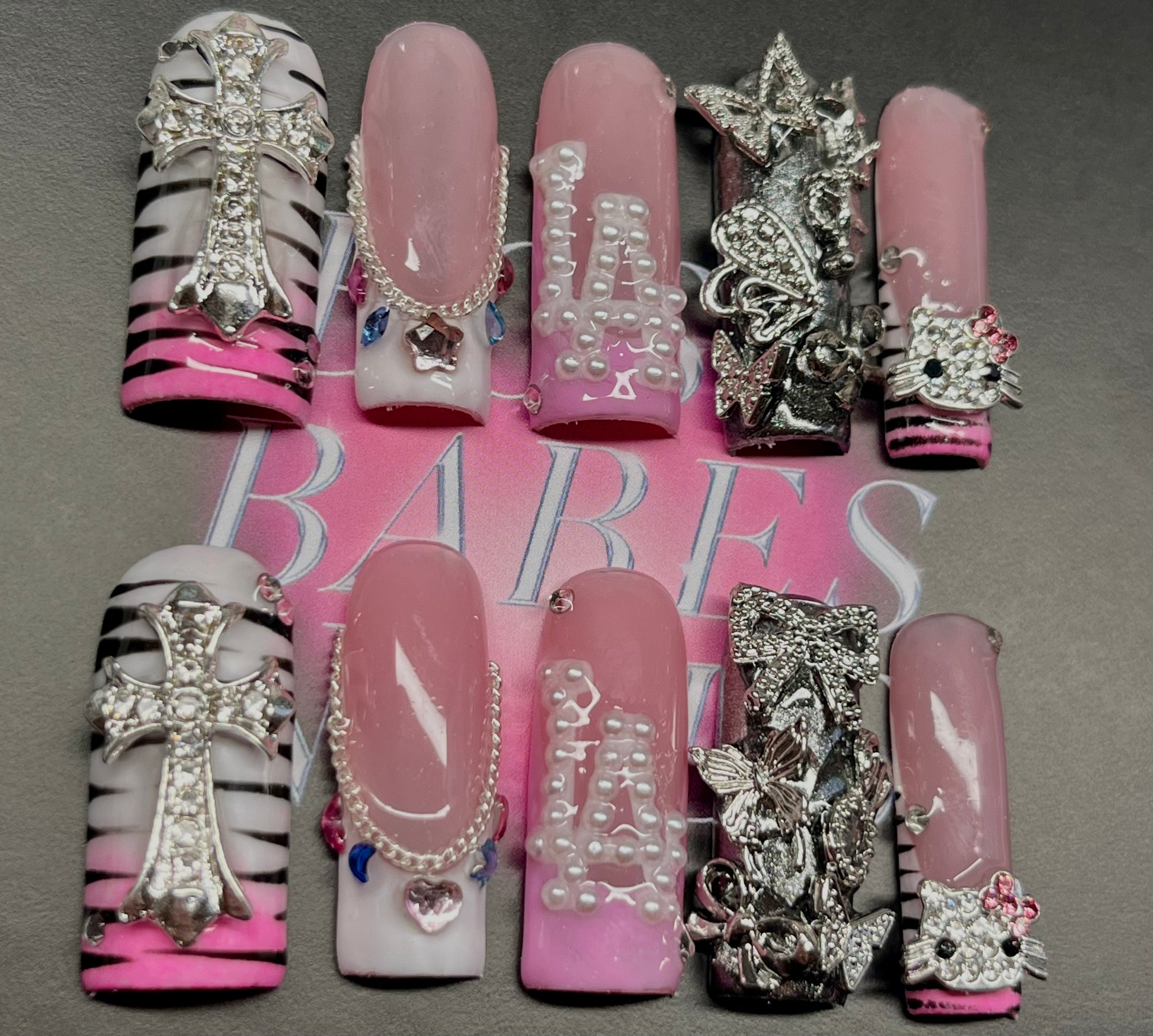 Handmade Press On Nails set in the UK with 3D charms