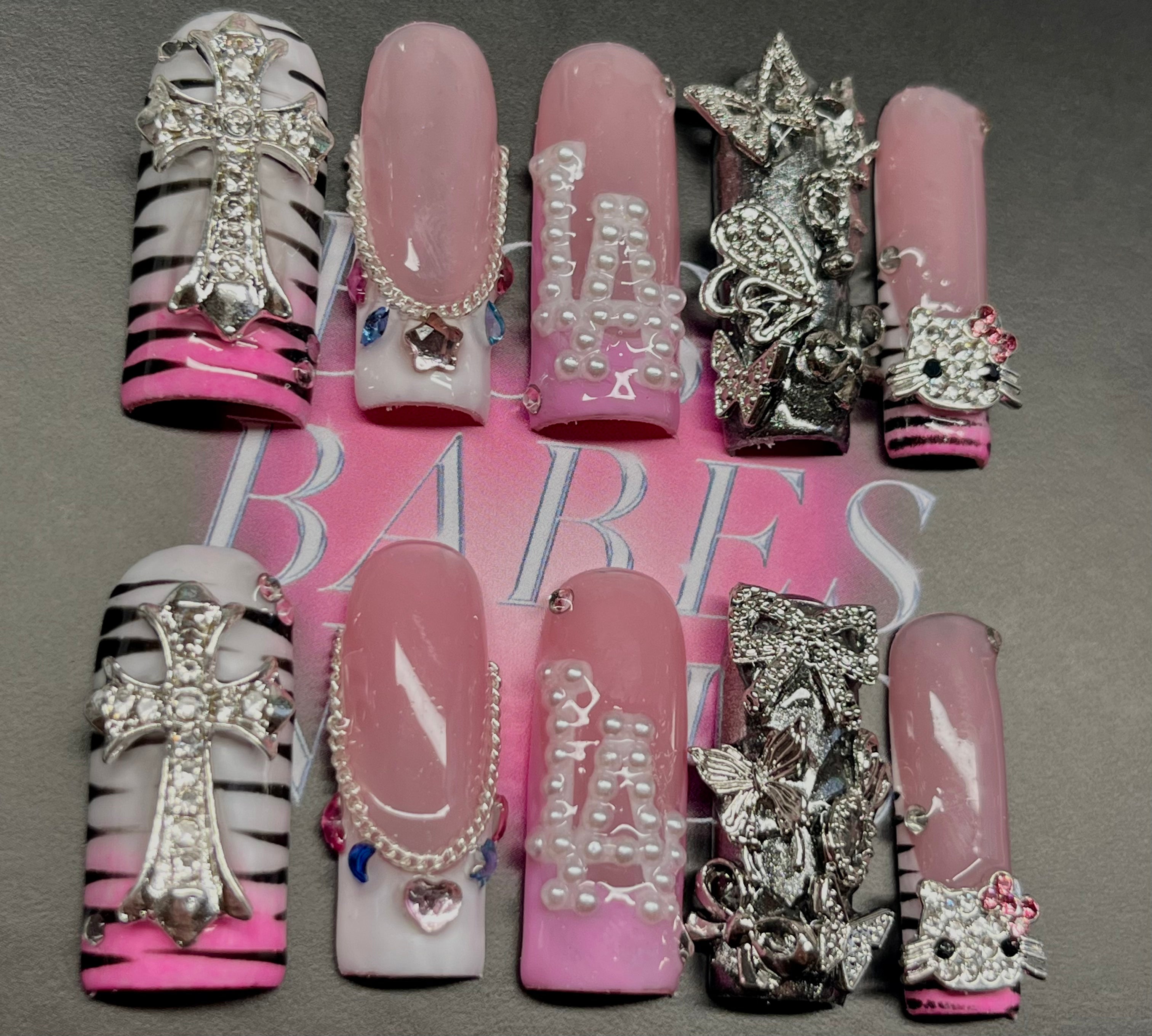 Handmade Press On Nails set in the UK with 3D charms