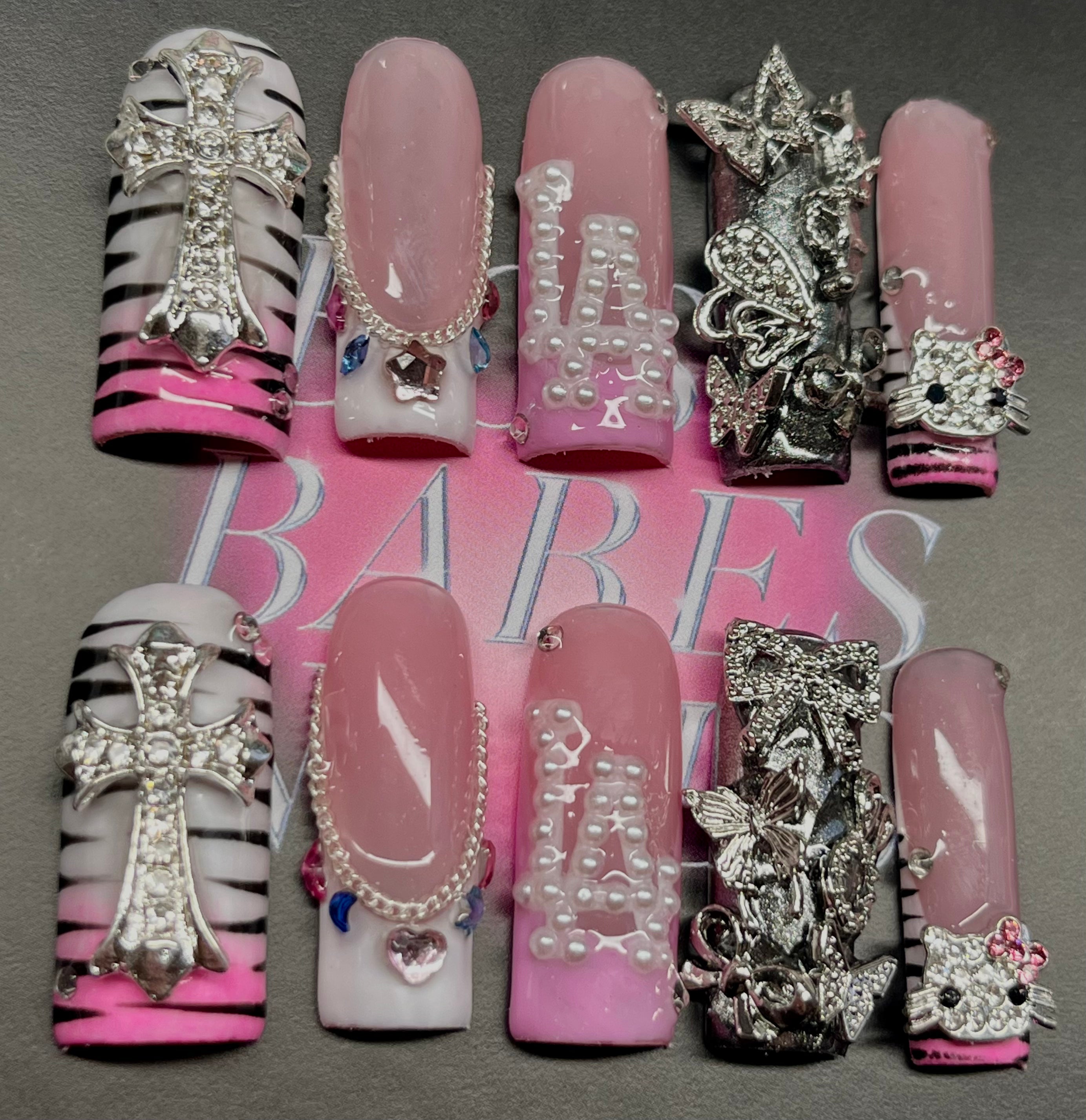 Handmade Press On Nails set in the UK with 3D charms