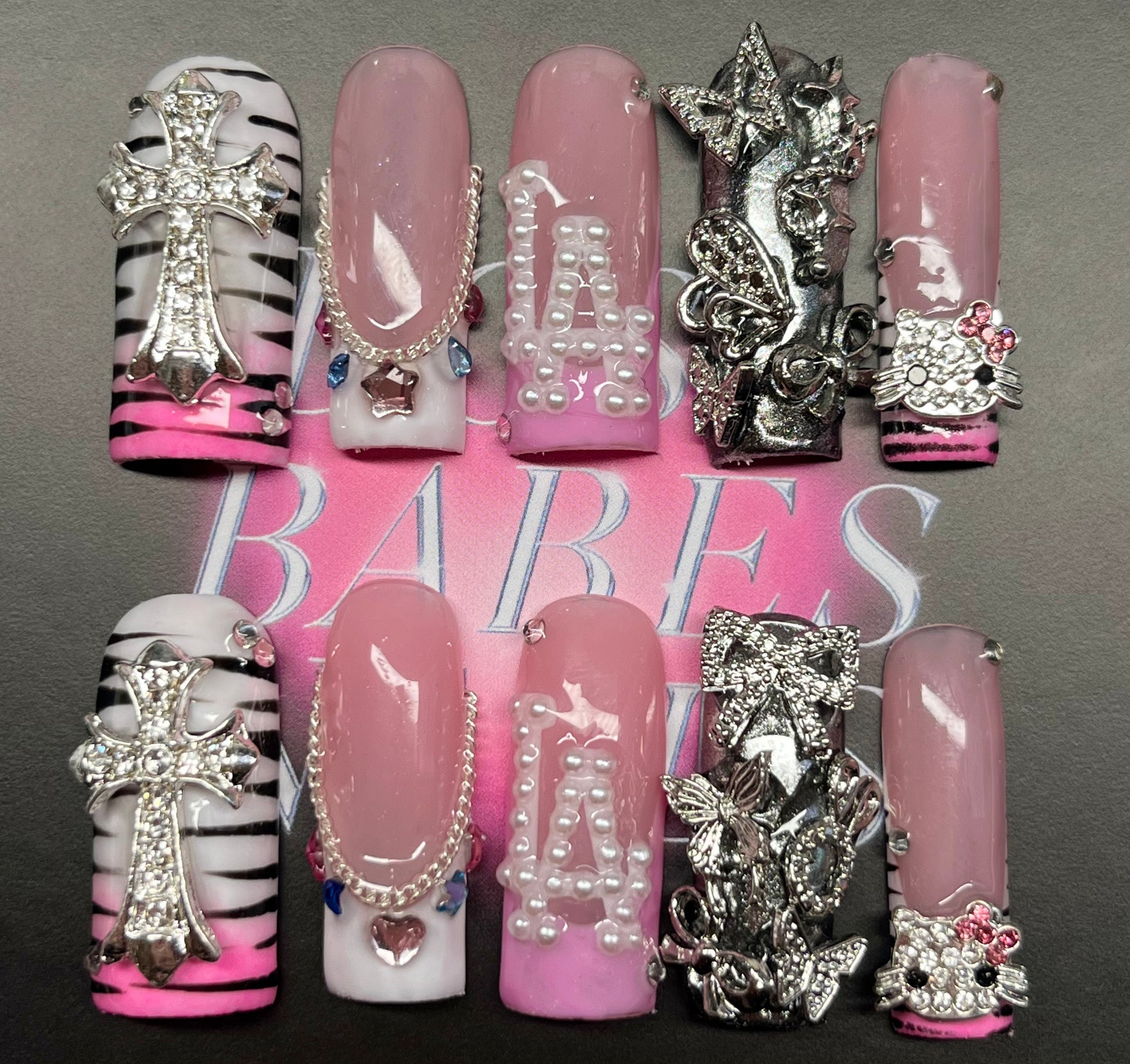 Handmade Press On Nails set in the UK with 3D charms