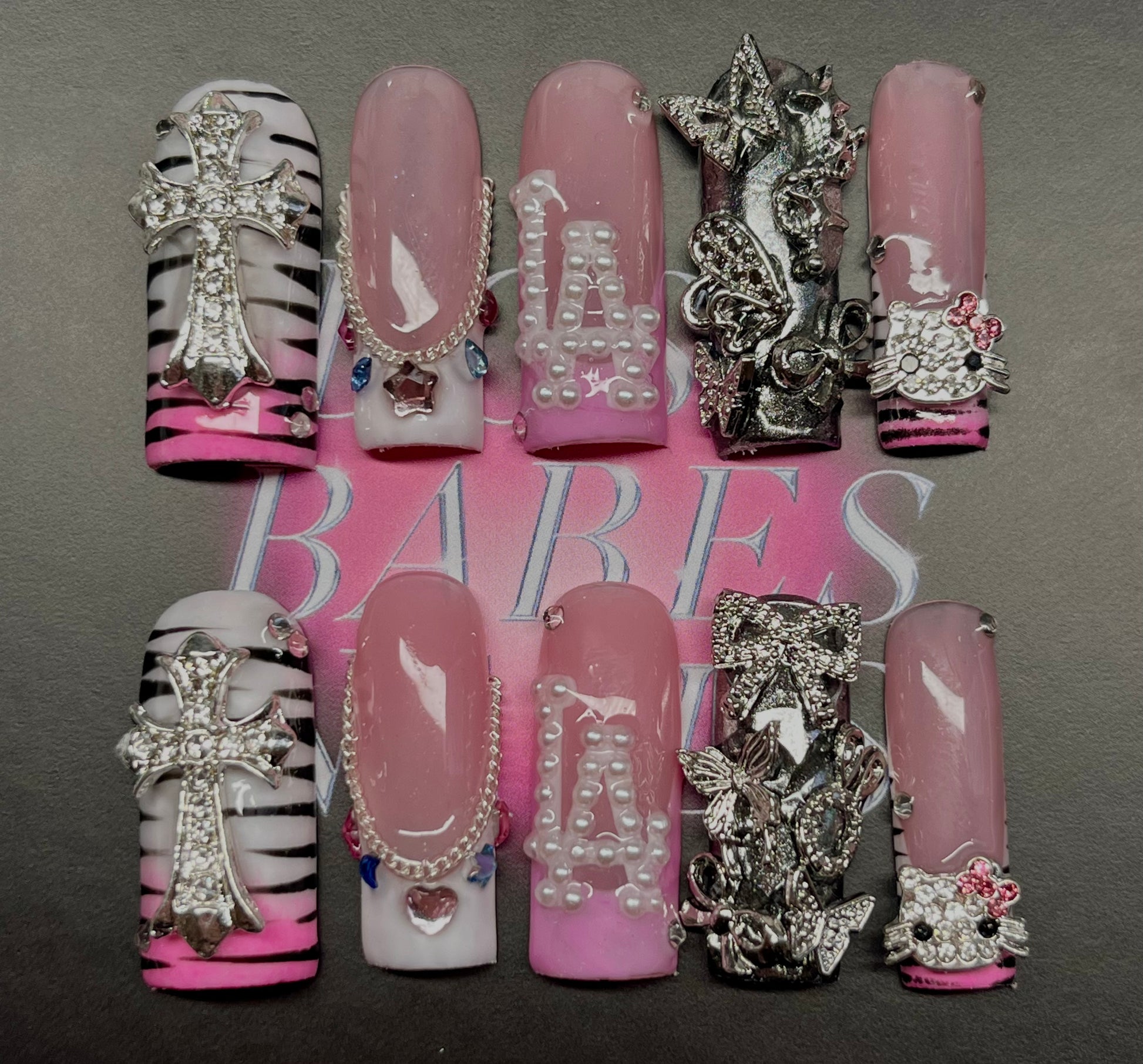 Handmade Press On Nails set in the UK with 3D charms